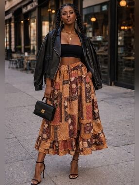 Boho Patchwork Midi Skirt XL | Flowy Tiered Festival Chic